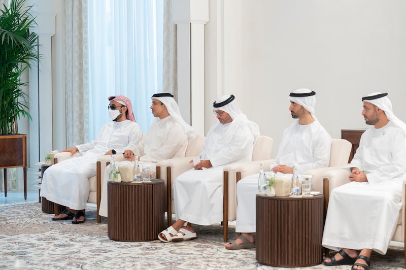 From left, Sheikh Tahnoun bin Zayed, National Security Adviser, Sheikh Mansour bin Zayed, Deputy Prime Minister and Minister of Presidential Affairs, Dr Anwar Gargash, Diplomatic Adviser to the President, Sheikh Hamdan bin Mohamed, and Sheikh Mohammed bin Hamad bin Tahnoun, Private Affairs Adviser at the Ministry of Presidential Affairs, at the meeting with King Abdullah of Jordan at Al Shati Palace.