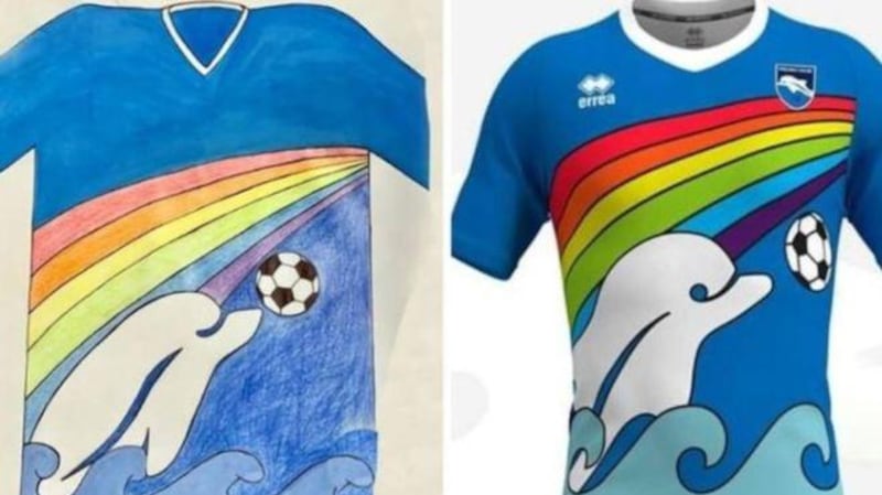 The winning design by Luigi D’Agostino, aged 6, left, and how it will appear on Pescara’s shirts next season. Pescara
