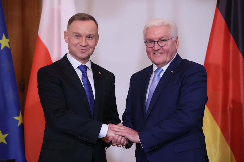German President Frank-Walter Steinmeier, right, and Polish President Andrzej Duda at Bellevue Palace in Berlin on Monday. EPA