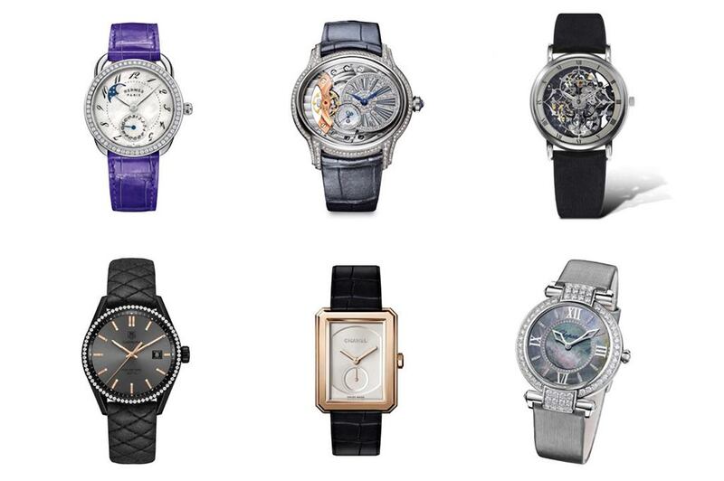 LADIES - Ladies watches are a more diverse field overall than the men's category. Clockwise from top left: Hermès Arceau Petite Lune with diamonds, Audemars Piguet Millenary, Claude Meylan Lionne Sheherazade, Chopard Imperiale 36mm Joaillerie, Chanel Boy∙Friend Beige Gold and TAG Heuer Carrera Cara Delevigne. Courtesy GPHG