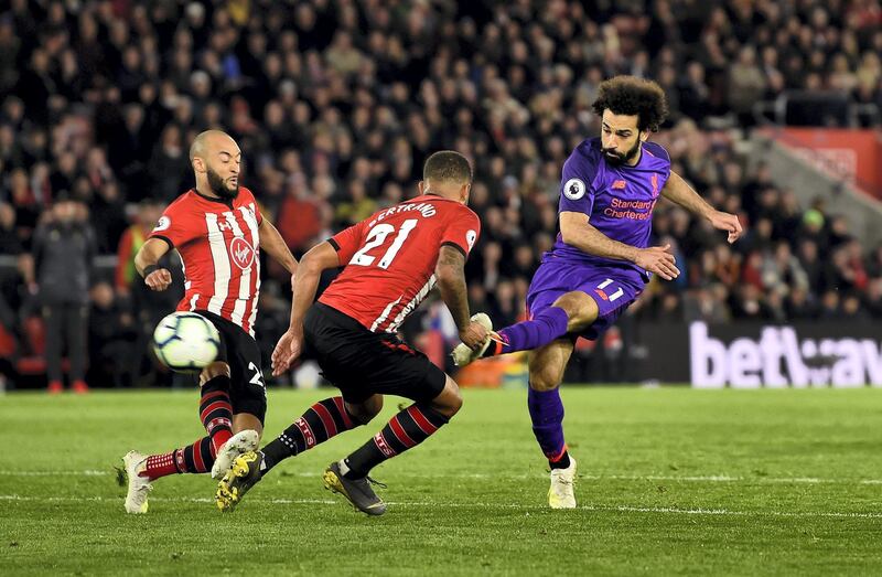 SOUTHAMPTON, ENGLAND - APRIL 05: (THE SUN OUT, THE SUN ON SUDNAY OUT) Mohamed Salah of Liverpool scores the sewcond goal during the Premier League match between Southampton FC and Liverpool FC at St Mary's Stadium on April 05, 2019 in Southampton, United Kingdom. (Photo by Andrew Powell/Liverpool FC via Getty Images)