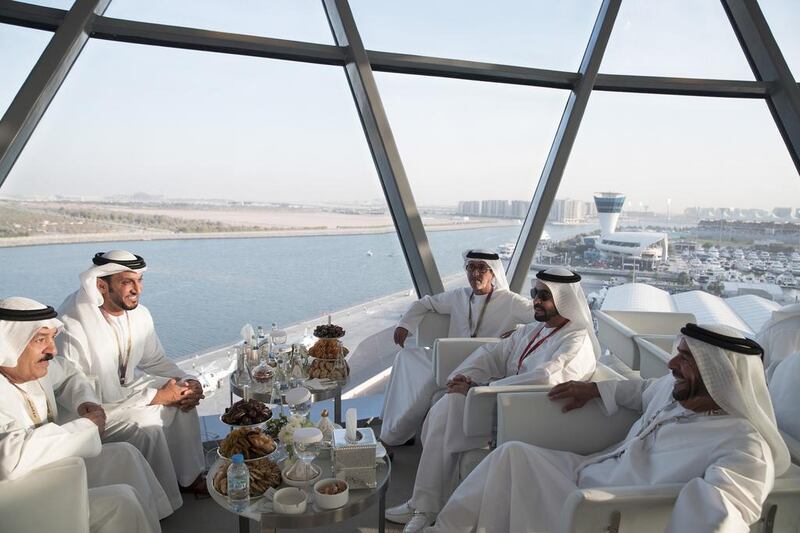 From right: Sheikh Suroor bin Mohammed Al Nahyan, Sheikh Hamdan bin Zayed Al Nahyan, Ruler’s Representative in the Western Region of Abu Dhabi, Sheikh Rashid bin Hamdan bin Mohammed Al Nahyan and Sheikh Abdulla bin Mohammed Al Hamed, Chairman of the Energy Authority and Abu Dhabi Executive Council member, at Shams Tower. Mohamed Al Hammadi / Crown Prince Court - Abu Dhabi