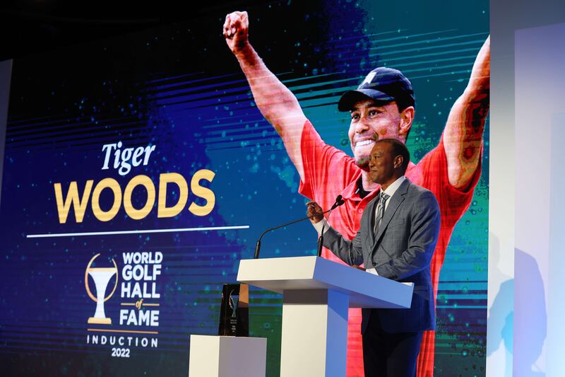 Tiger Woods speaks during the 2022 World Golf Hall of Fame Induction. Getty Images