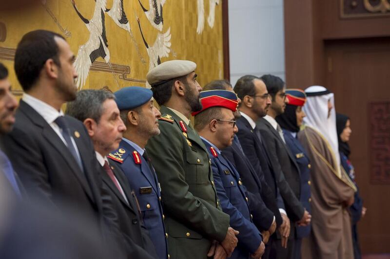 Mohammed Al Mazrouei, Undersecretary of the Crown Prince Court of Abu Dhabi (L), Omar Al Bitar UAE Ambassador to China (2nd L) Maj Gen Essa Saif Al Mazrouei, Deputy Chief of Staff of the Armed Forces (3rd L) Staff Maj Gen Juma Al Bowardi, Commander of the Armed Forces Land Forces (4th L) Maj Gen Ibrahim Al Alawi, Commander of the Air Forces and Air Defence (5th L) and other dignitaries attend a signing ceremony at the Great Hall of the People. Rashed Al Mansoori / Crown Prince Court - Abu Dhabi