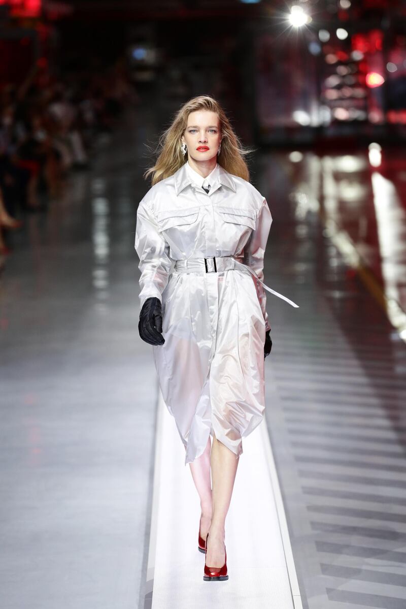 Natalia Vodianova walks the runway at the fashion debut of the first co-ed Ferrari collection at Ferrari Factory on June 13, 2021 in Maranello, Italy. Getty Images