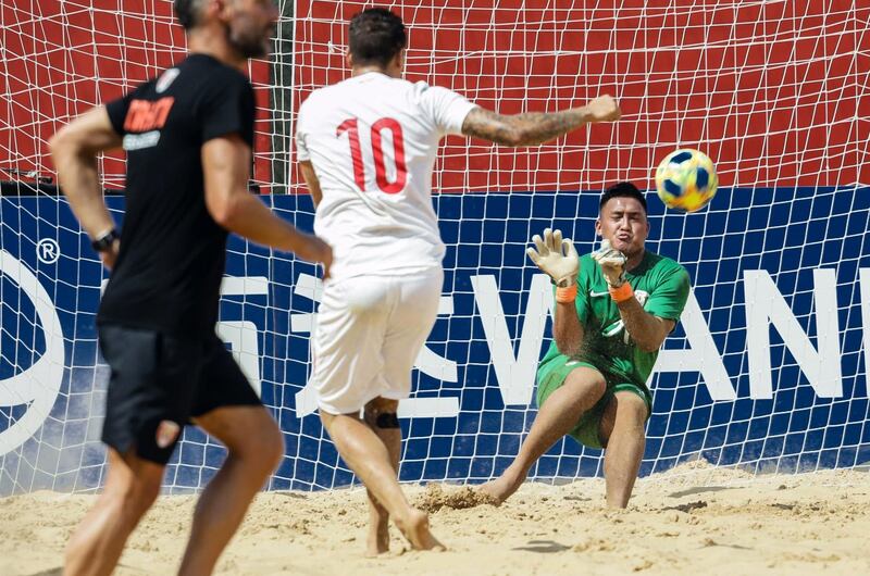 The goalkeeper of Tahiti national team, Gabriel Amau, makes a save during training. EPA