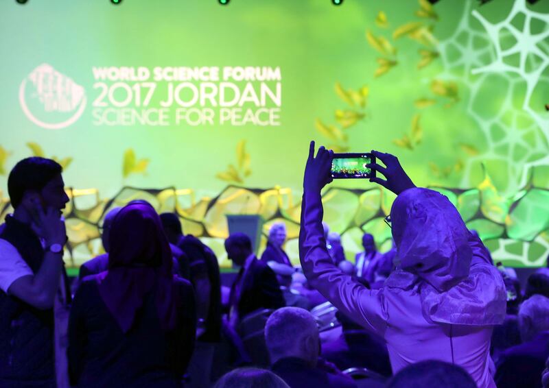 epa06314359 Participants attend at the opening session of the eighth World Science Forum 2017 in the Dead Sea, Jordan, 07 November 2017. The eighth World Science Forum takes place in the Dead sea from 07 to 11 November, under the patronage of King Abdullah II of Jordan with UNESCO and the Hungarian Academy. Its 2017 edition is under the theme 'Science for Peace'. it gathers scientists from all over the world to discuss the power of science, and exchange on various scientific issues and their application to improve lives and promote mutual understanding and respect.  EPA/AMEL PAIN