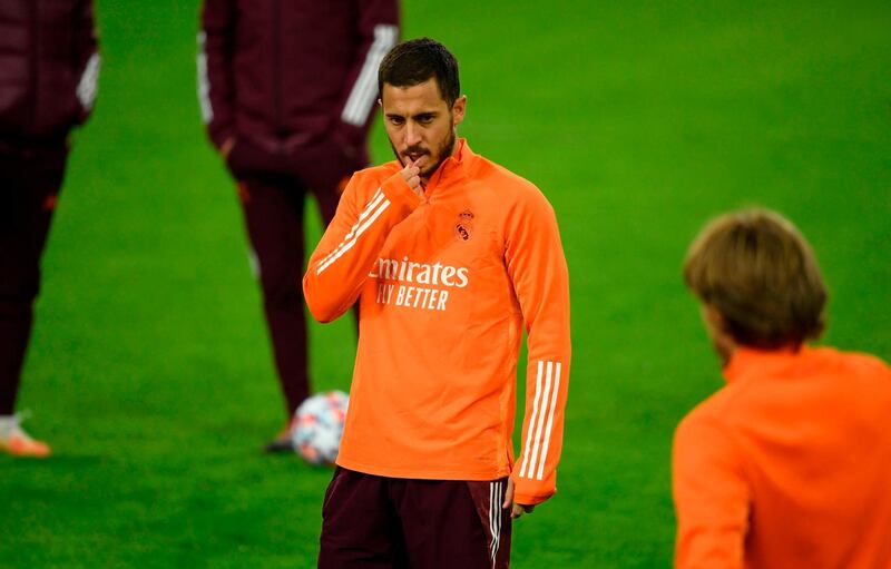 Real Madrid's forward Eden Hazard attends the training session on the eve of the Champions League match against Borussia Moenchengladbach. AFP