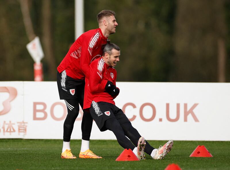 Wales' Gareth Bale and Joe Rodon during training. Reuters