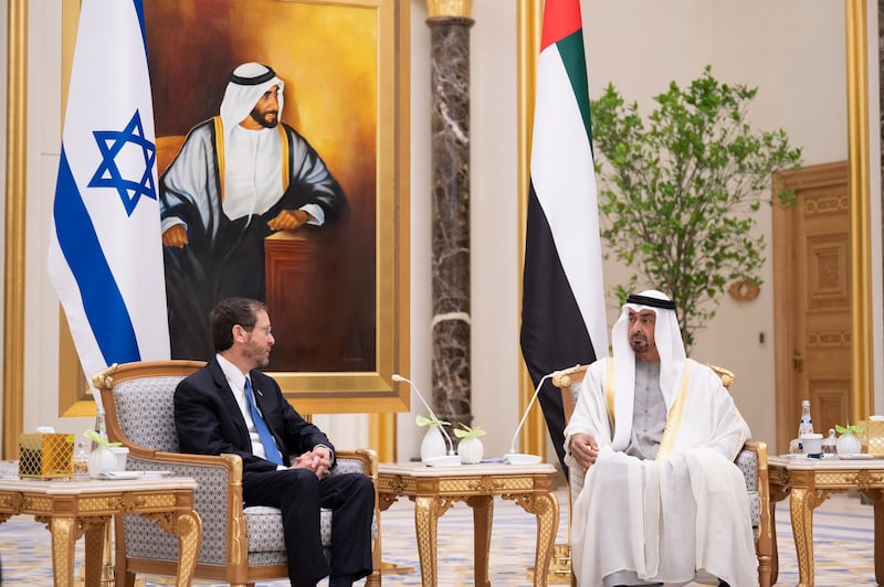 Sheikh Mohamed with Isaac Herzog at Qasr Al Watan. Mohamed Al Hammadi / Ministry of Presidential Affairs