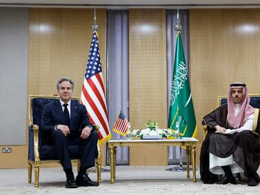 U. S.  Secretary of State Antony Blinken, left, meets with Saudi Arabia's Foreign Minister Prince Faisal bin Farhan at the GCC Secretariat in Riyadh, Saudi Arabia Monday, April 29, 2024.  (Evelyn Hockstein / Pool Photo via AP)