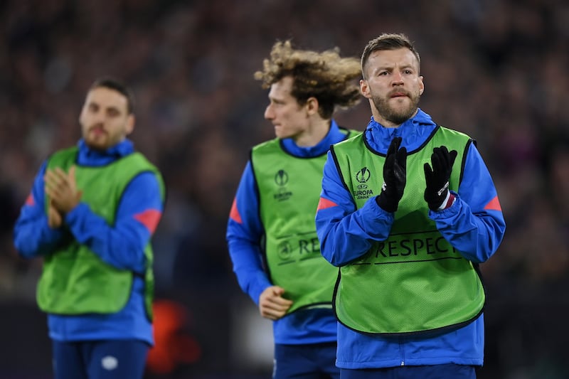 Andriy Yarmolenko of West Ham United applauds fans whilst warming up. Getty Images