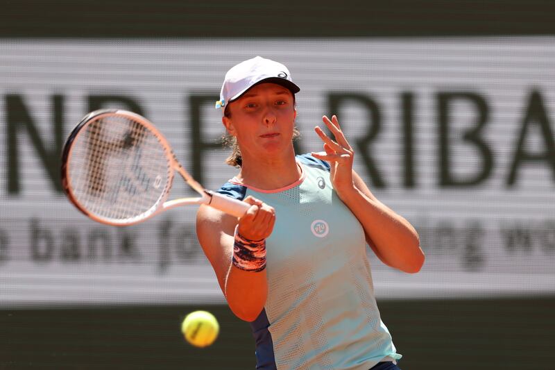 Iga Swiatek on her way to a straight-sets victory over Jessica Pegula in the quarter-finals of the 2022 French Open at Roland Garros. Getty