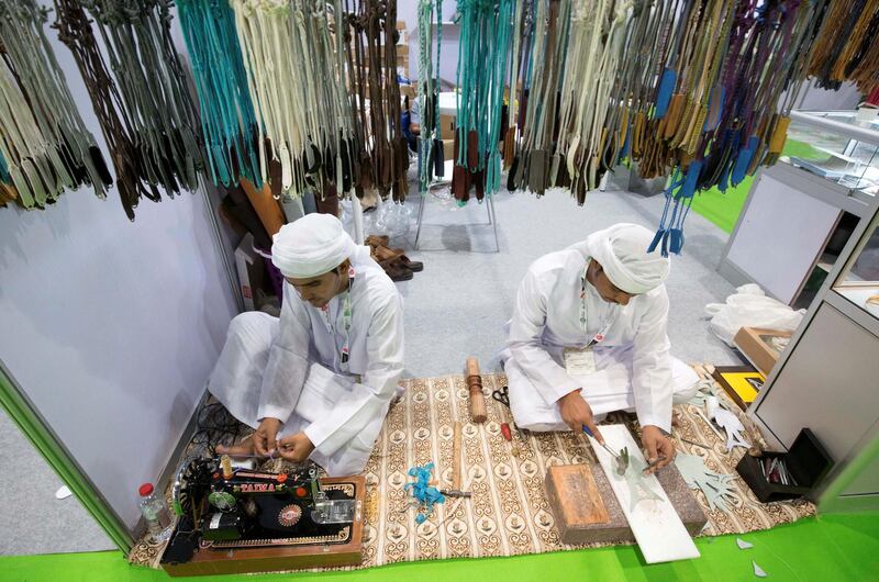 ABU DHABI, UNITED ARAB EMIRATES - A stall making accessories for the falcon at the ADIHEX exhibition at ADNEC Abu Dhabi.  Leslie Pableo for The National for Gillian Duncan’s story