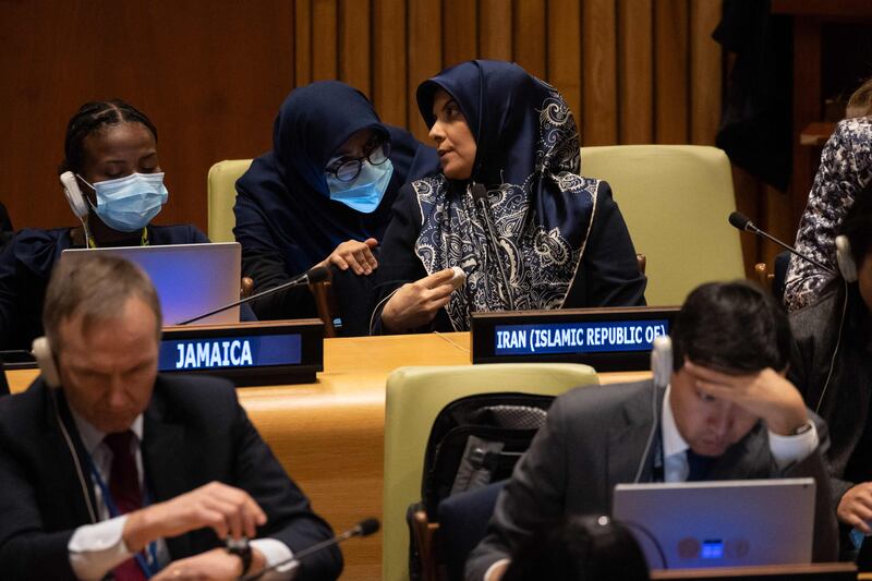 Iranian representatives during discussions about the removal of the republic from the UN women's rights body. AFP