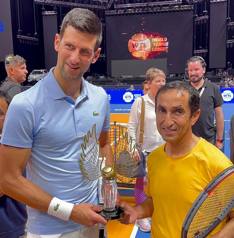 Sheikh Saeed bin Maktoum Al Maktoum, right, and Novak Djokovic before their exhibition match at the inaugural World Tennis League in Dubai on Monday, December 19, 2022. Photo: Dubai Sports Council