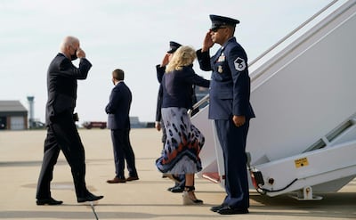 US President Joe Biden and First Lady Jill Biden make their way to board Air Force One before departing from New Castle Airport in Delaware, US, October 4. AFP