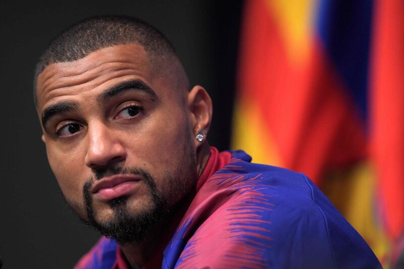 Barcelona's new Ghanaian forward Kevin-Prince Boateng holds a press conference during his official presentation. AFP