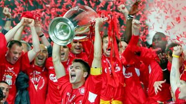 Steven Gerrard holds the Champions League after defeating AC Milan on penalties in the 2005 final at the Ataturk Olympic Stadium in Istanbul on May 25, 2005. Getty