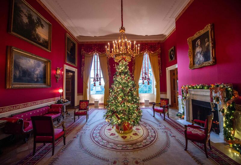 A Christmas tree is seen in the Red room in the US White House in Washington, Christmas 2021. AFP