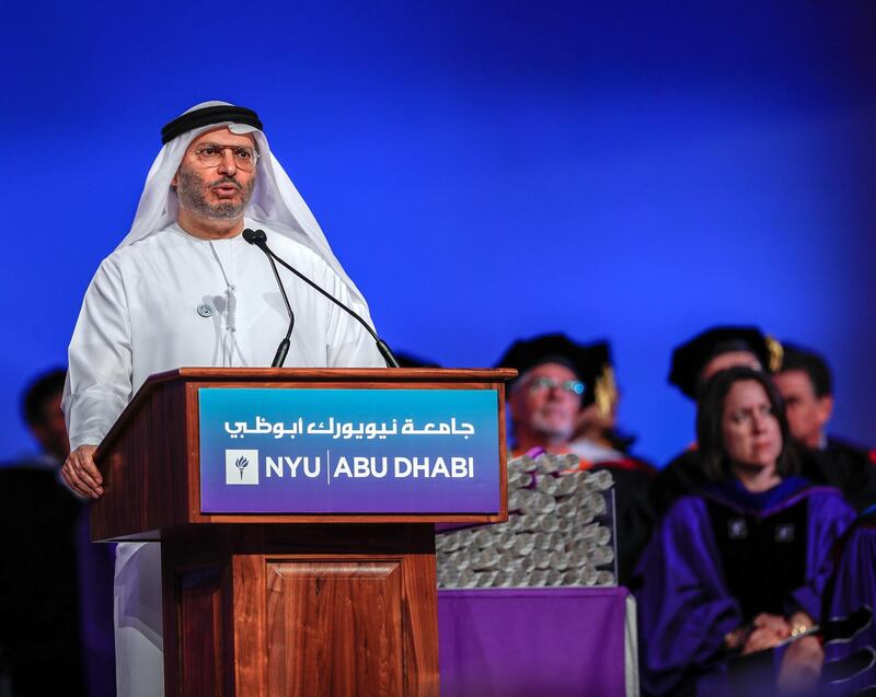 Abu Dhabi, UAE.  May 20, 2018.  Fifth edition of the New York University Abu Dhabi Commencement Exercises. His Excellency Dr. Anwar Mohammed Gargash, UAE Minister of State for Foreign Affairs.
Victor Besa / The National
Section:  National
Reporter:  James Langton