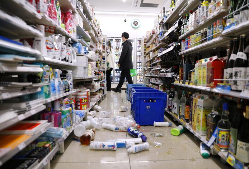 An earthquake caused goods to be scattered across the floor of a convenience store in Sendai, Miyagi prefecture. Reuters