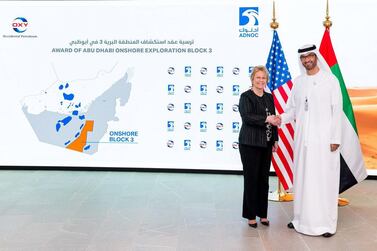 Dr Sultan Al Jaber, Adnoc Group chief executive, and Vicki Hollub, chief executive of Occidental Petroleum, shake hands after signing documents. Occidental will hold a 100 per cent stake in the exploration phase of the Block Three onshore concession. Courtesy Adnoc