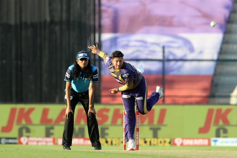 Kuldeep Yadav of Kolkata Knight Riders bowls during match 35 of season 13 of the Dream 11 Indian Premier League (IPL) between the Sunrisers Hyderabad and the Kolkata Knight Riders at the Sheikh Zayed Stadium, Abu Dhabi  in the United Arab Emirates on the 18th October 2020.  Photo by: Vipin Pawar  / Sportzpics for BCCI