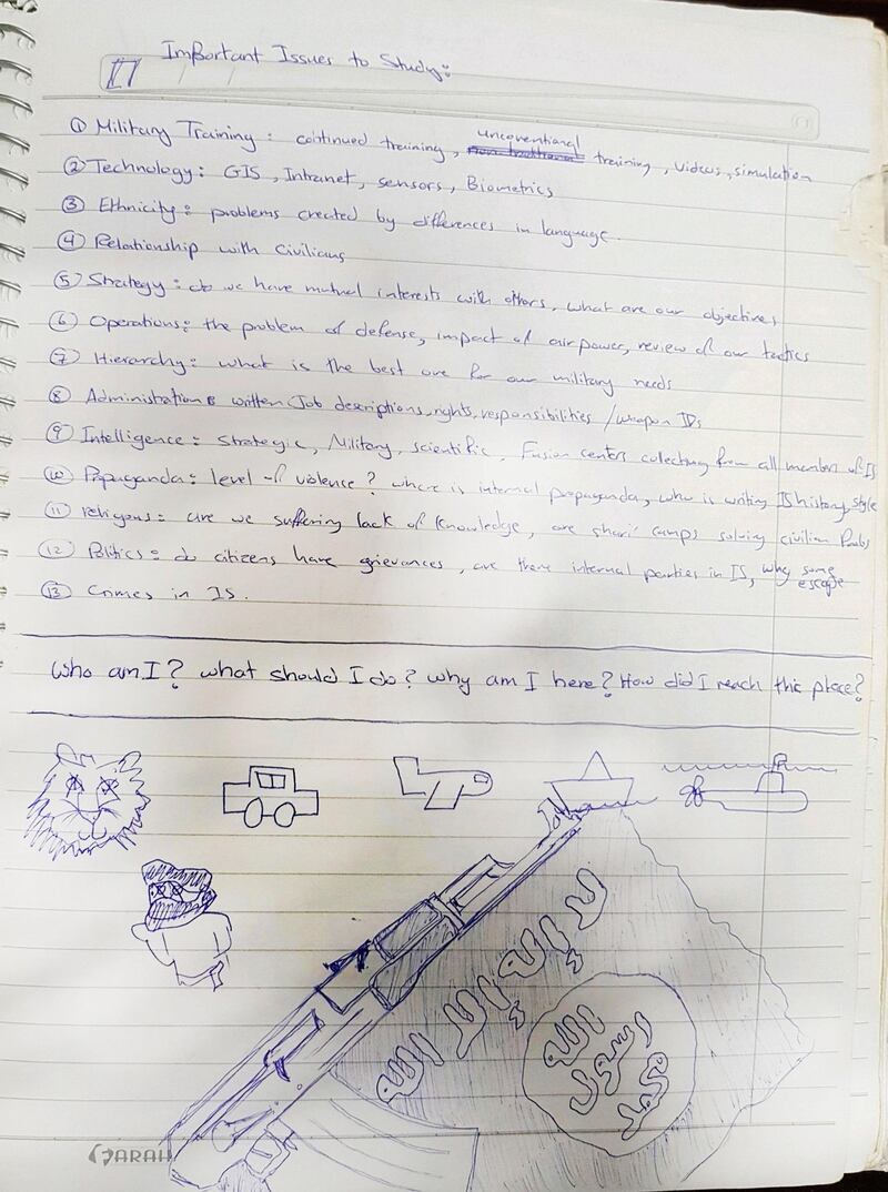 Notes from the notebook of an ISIS fighter found in Raqqa.