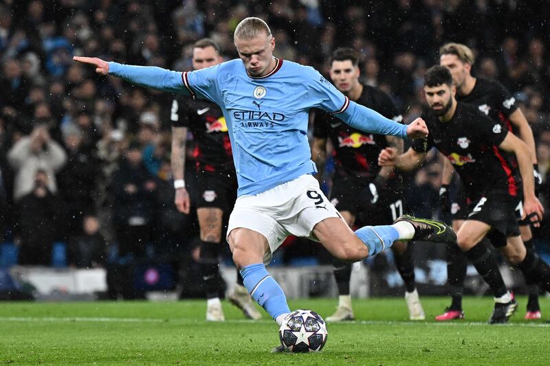 35) The start of an incredible night - even by Haaland's astonishing standards - as he scores the first goal in the 7-0 Champions League destruction of RB Leipzig at the Etihad Stadium on March 14, 2023. AFP