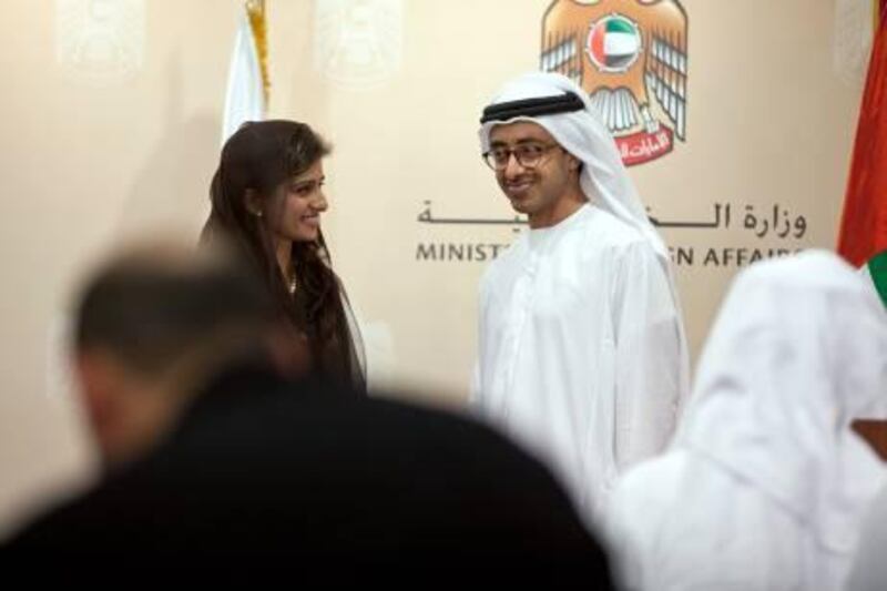 United Arab Emirates, Abu Dhabi, Feb. 27, 2012:   UAE Foreign Minister, HH Sheikh Abdullah bin Zayed bin Sultan Al Nahyan and Hina Rabbani Khar, the Pakistani Foreign Minister address the press after their meeting at the Ministry of Foreign Affairs in Abu Dhabi.  (Silvia Razgova/The National)
 *** Local Caption *** FEB282012