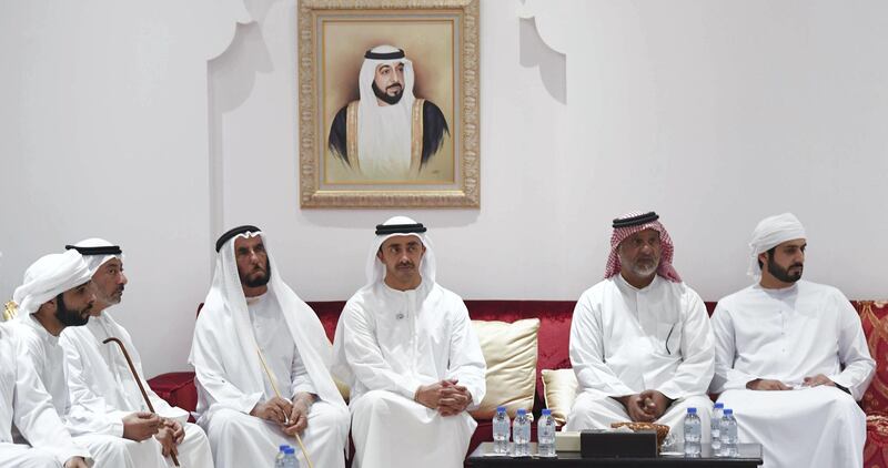 ABU DHABI, UNITED ARAB EMIRATES - July 02, 2018: HH Sheikh Abdullah bin Zayed Al Nahyan UAE Minister of Foreign Affairs and International Cooperation (3rd R) offers condolences to the family of the late Mubarak bin Garran Al Mansouri.

( Abdullah Al Junaibi )
---