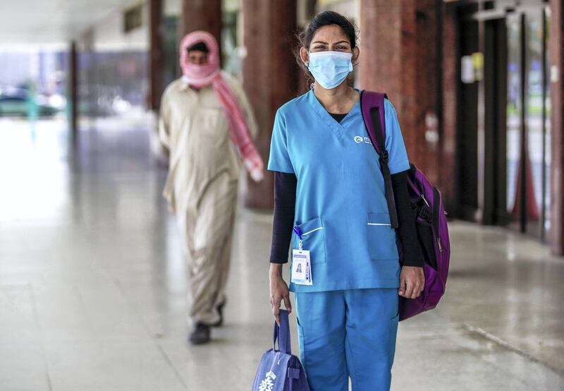 Abu Dhabi, United Arab Emirates, March 24, 2020. 
Standalone and Possible Photo Project: UAE Heroes of  Coronavirus
--  Ezhil Christopher, a staff nurse at Manzil Healthcare Services on her way to work.
Victor Besa / The National