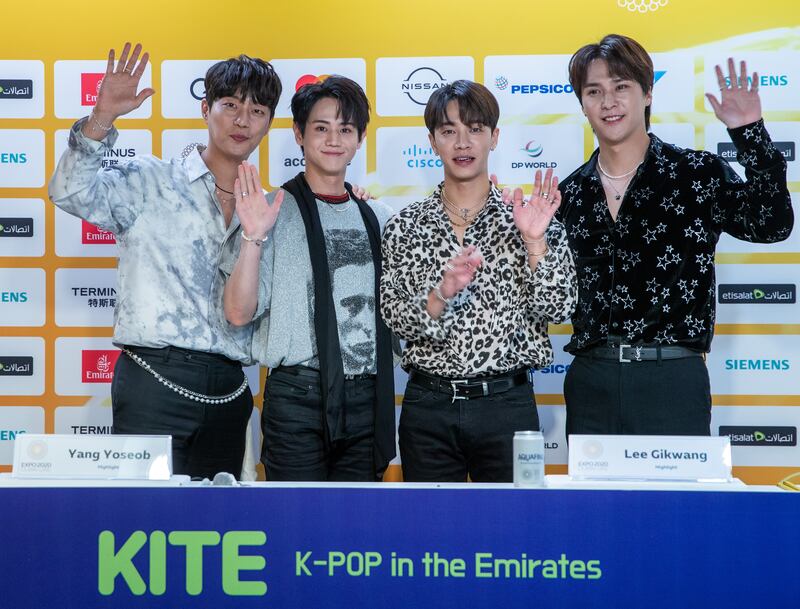 From left, Yoon Doo-joon, Yang Yo-seob, Lee Gi-kwang and Son Dong-woon, of the K-pop group Highlight, during the press conference at Expo 2020 Dubai Media Centre.