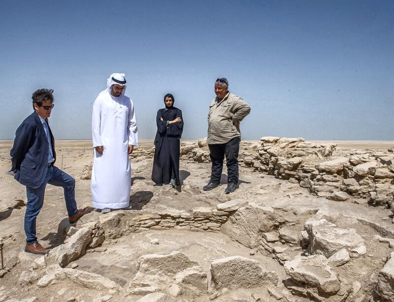 Mohamed Al Mubarak, chairman of the Department of Culture and Tourism Abu Dhabi, inspects the new discoveries on Marawah Island. Courtesy Department of Culture and Tourism - Abu Dhabi