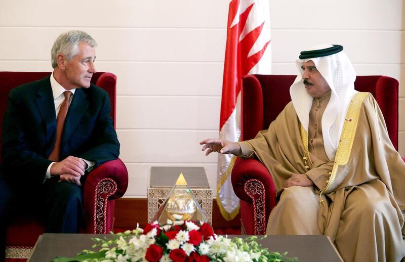 Chuck Hagel, left, meets Bahrain’s King Hamad bin Isa Al Khalifa during his last trip to the region. Mr Hagel is expected to meet GCC defence ministers in Saudi Arabia next week. AP Photo / December 6, 2013
