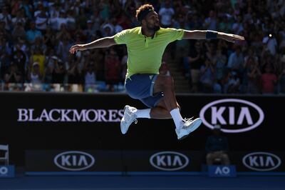 epa06445361 Jo-Wilfried Tsonga of France celebrates his win against Denis Shapovalov of Canada during the second round on day three of the Australian Open tennis tournament in Melbourne, Victoria, Australia, 17 January 2018.  EPA/LUKAS COCH  AUSTRALIA AND NEW ZEALAND OUT