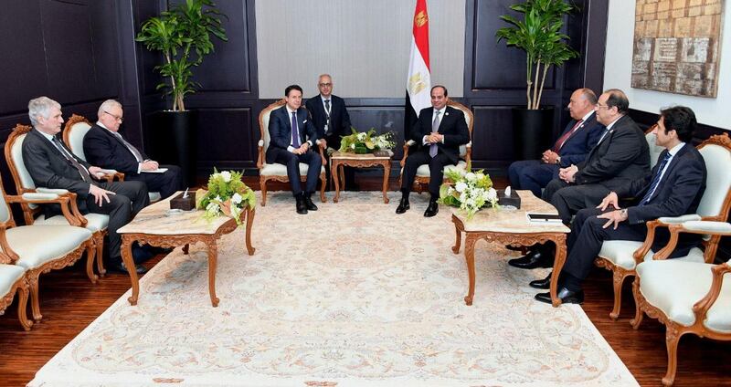 Egyptian President Abdel Fatah El Sisi meets Italian Prime Minister Giuseppe Conte in Sharm El Sheikh.  EPA