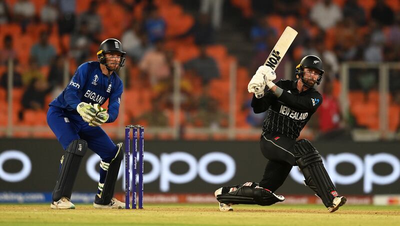 Devon Conway of New Zealand hits out. Getty 