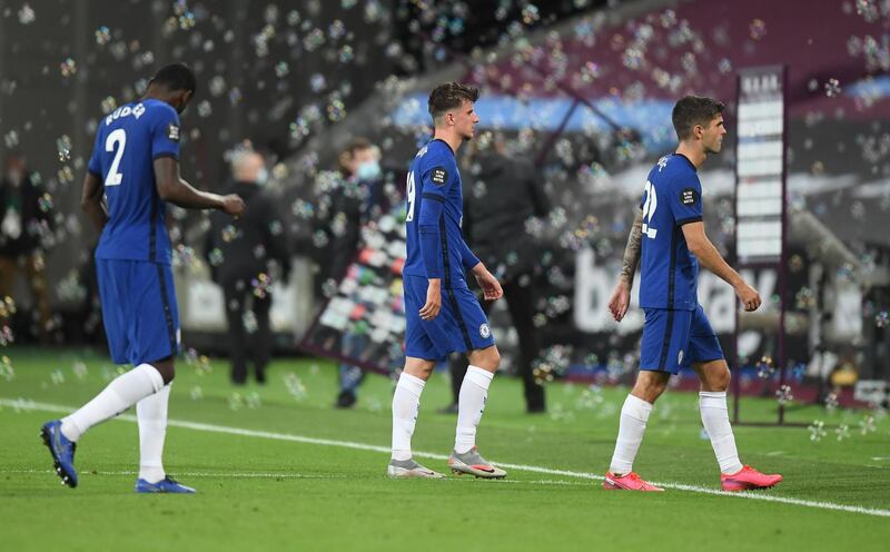 Chelsea's Antonio Rudiger, Mason Mount and Christian Pulisic after the match. Reuters