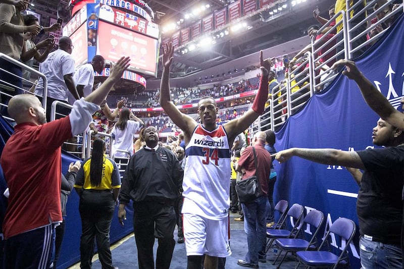 Washington Wizards forward Paul Pierce, centre, celebrates after scoring the winning shot during game three of the NBA Eastern Conference semifinals against the Atlanta Hawks. Michael Reynolds / EPA