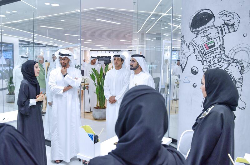 Sheikh Mohammed bin Rashid, Sheikh Mohammed bin Zayed, Sheikh Mansour bin Zayed and Sheikh Hamdan bin Mohammed are taken on a tour of the premises by Shamma Al Mazrui. Wam