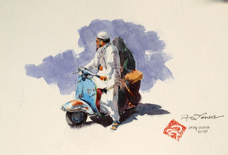 DUBAI , UNITED ARAB EMIRATES , May 14 – 2020 :- One of the painting made by Artist Atul Panase. He is from India and based in Dubai for more than two decades. He was one of curators for World Art Dubai in 2017 and 2018. He is also the UAE Country Leader since last 5 years for the team of watercolorists for FabrianoInAcquarello and UrbinoInAcquerello international watercolor festivals which happen annually in Italy. He started the art activity  #pickanypicandpaint from the newspaper during the stay home era in the UAE because of COVID 19 pandemic. In this art activity which is trending with the hash tag #pickanypicandpaint involves more than 80 artists locally and internationally so far as the number is growing day by day. People here and also from other countries are participating and painting from the piece of newspapers. (Pawan Singh / The National) For Arts & Life/Online/Instagram.  Story by Katy Gillett