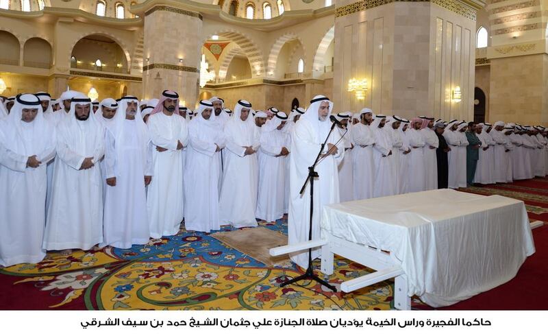 Sheikh Hamad bin Mohammed Al Sharqi, Ruler of Fujairah, and Sheikh Saud bin Saqr Al Qasimi, Ruler of Ras Al Khaimah, were among those performing funeral prayers for Sheikh Hamad bin Saif Al Sharqi, Deputy Ruler of Fujairah, on Thursday. Wam