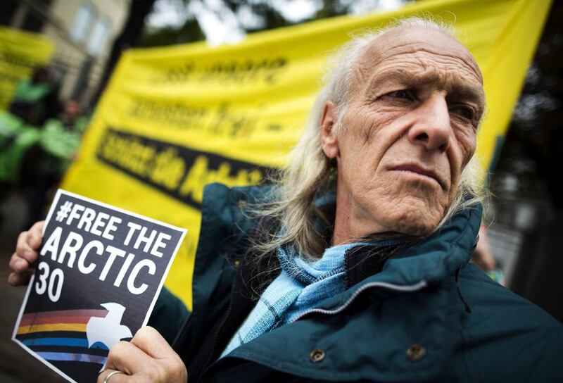 New Zealand’s Greenpeace veteran Rien Achtenberg (64) stands outside of the Russian consulate in Frankfurt, Germany, on Saturday. EPA