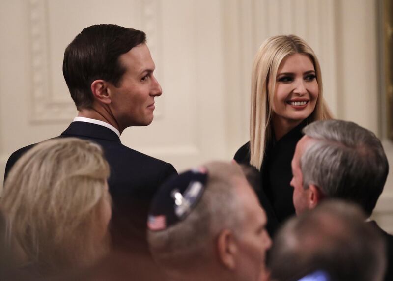 Ivanka Trump, senior adviser to President Trump, right, and Jared Kushner, senior White House advisor, smile during a news conference in the East Room of the White House in Washington, D.C., U.S., on Tuesday, Jan. 28, 2020. Trump announced what he called a detailed plan for Middle East peace that provides a "win-win" solution to make Israel, the Palestinian people and the region safer, skirting complaints that Palestinians have already rejected the proposal and didn't take part in drafting the plan. Photographer: Andrew Harrer/Blooomberg