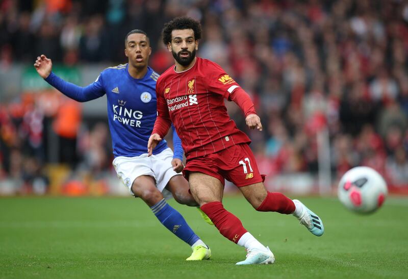 Salah in action with Leicester City's Youri Tielemans. Reuters