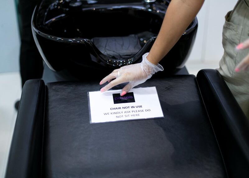 DUBAI, UNITED ARAB EMIRATES. 21 MAY 2020. 
Sanitary measures taken at Pastels Salon in Mercato.
(Photo: Reem Mohammed/The National)

Reporter:
Section: