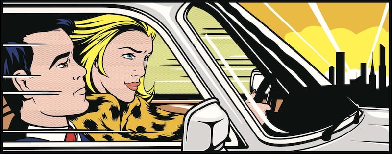 Role reversal version of Roy Lichtensteins 'In The Car'. Woman driving a car with a male passenger. Getty Images