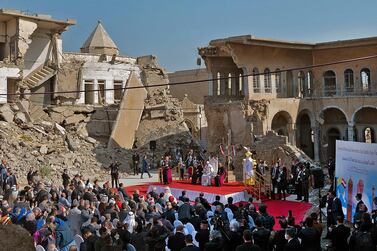 Pope Francis speaks near the ruins of Al Tahera Church in Mosul’s Old City on March 7. AFP